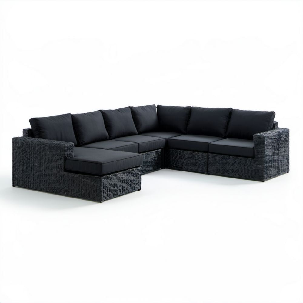 5-częściowa narożna sofa ogrodowa z technorattanu, czarna, 280 × 210 × 65 cm