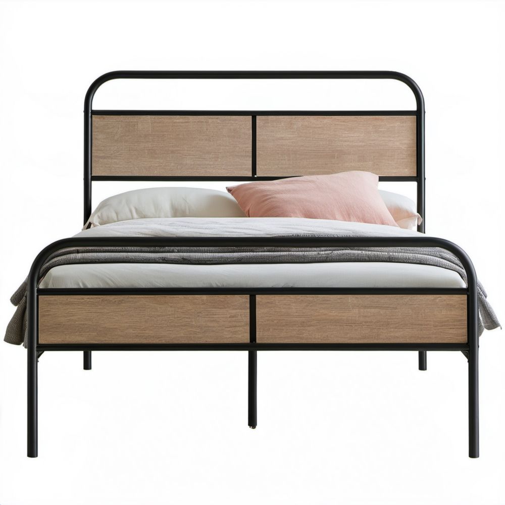 Rama łóżka dwuosobowego 160 x 200 cm czarna ze stali i płyty MDF w dekorze jasnego dębu