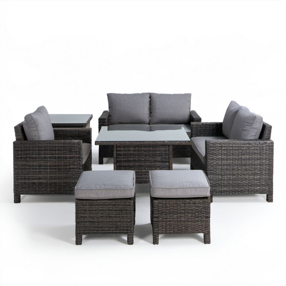 7-elementowy zestaw mebli ogrodowych z technorattanu, ciemnoszary/szary – sofa 128 × 68 × 79 cm, 2 fotele, stoliki i 2 pufy