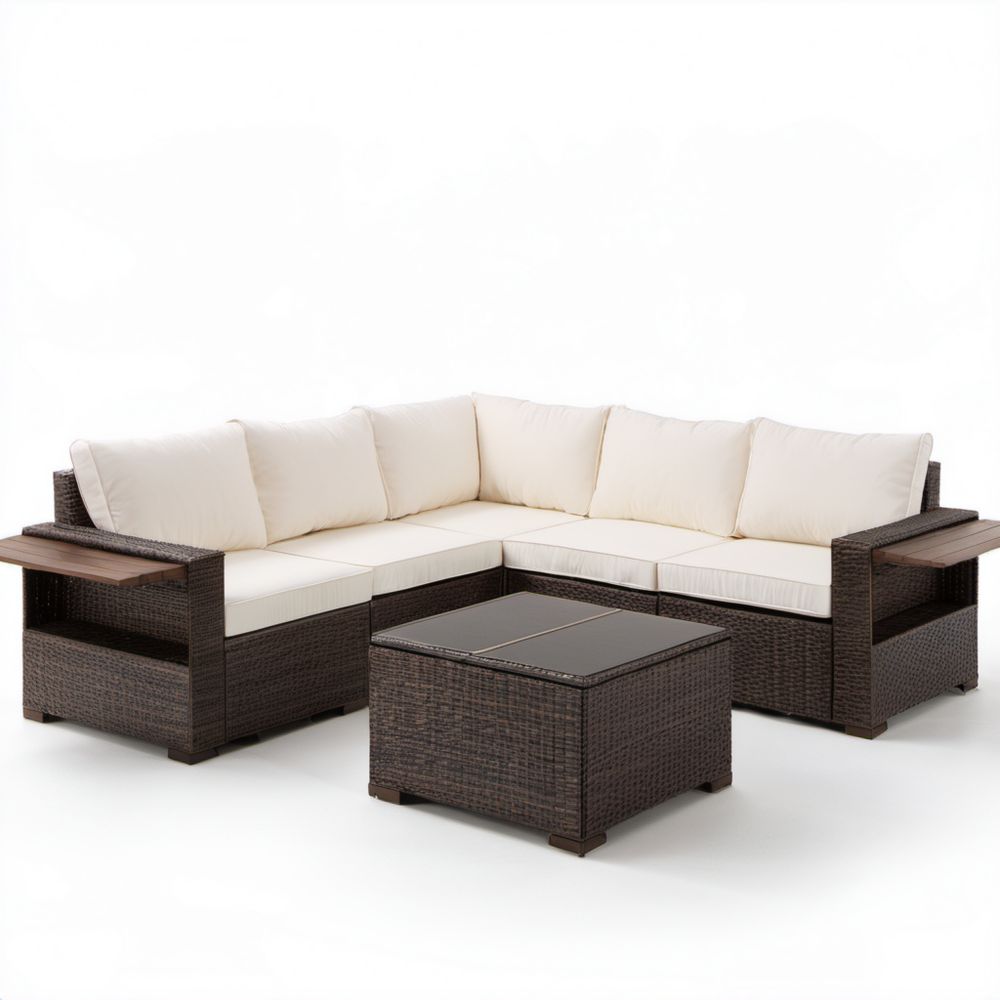 Ogrodowy zestaw mebli z technorattanu – narożnik 5-osobowy 250 × 250 × 80 cm ze stolikiem 80 × 80 × 35 cm, brązowy/kremowy/czarny