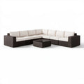 Modułowa sofa ogrodowa w kształcie U ze stolikiem z polirattanu, brązowo-kremowa, 300 x 210 x 70 cm