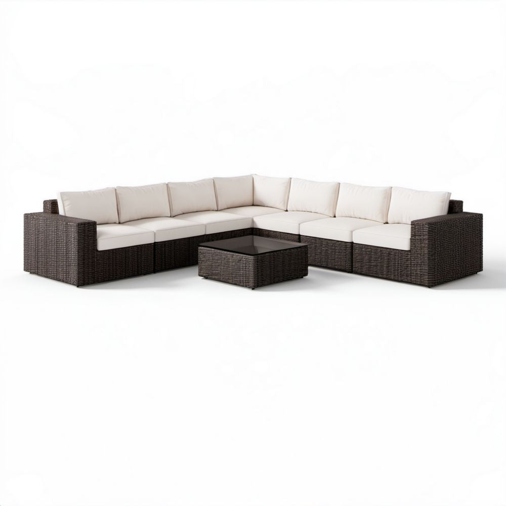 Modułowa sofa ogrodowa w kształcie U ze stolikiem z polirattanu, brązowo-kremowa, 300 x 210 x 70 cm