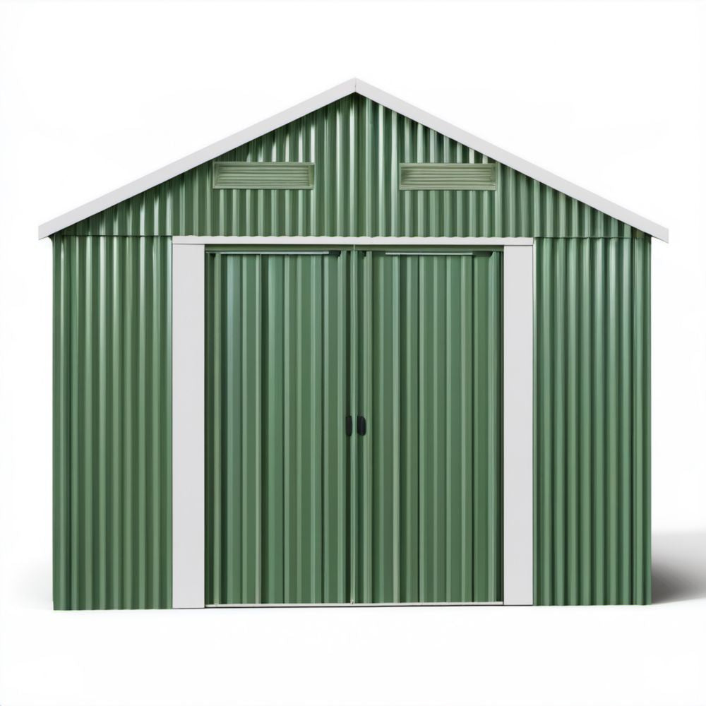 Metalowy domek ogrodowy zielono-biały 257 x 205 x 202 cm z podwójnymi drzwiami przesuwnymi
