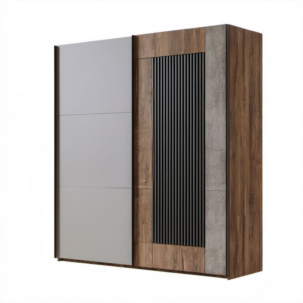 Szafa przesuwna 3-drzwiowa z płyty laminowanej 200 × 215 × 60 cm, szaro-orzechowo-grafitowo-czarna