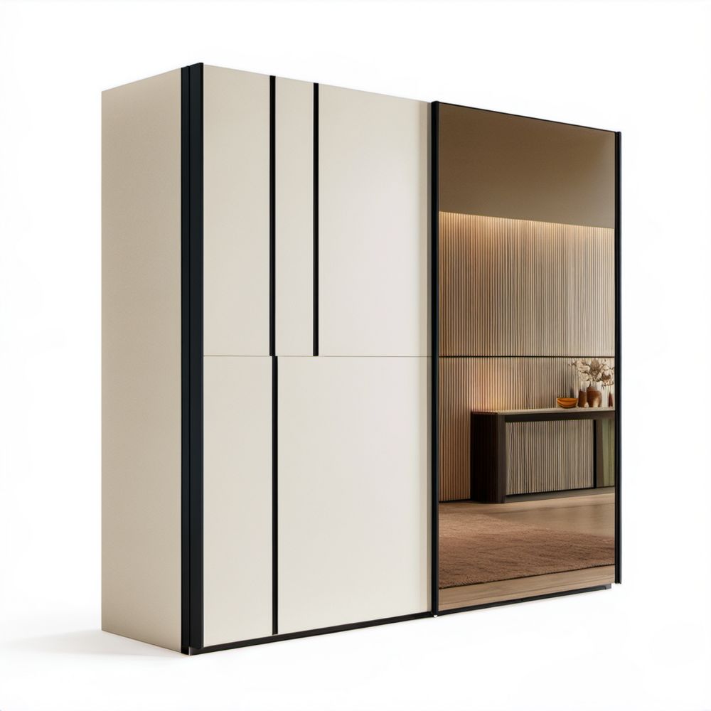 Beżowa szafa przesuwna z lustrem z płyty laminowanej 200 × 60 × 220 cm