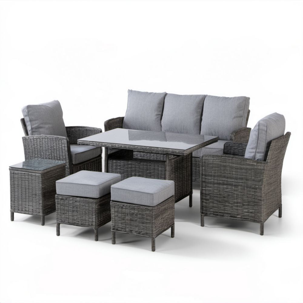 7-częściowy zestaw mebli ogrodowych z technorattanu antracytowo-szary – sofa 3-osobowa, 2 fotele, stół 150 × 90 cm, stolik boczny i 2 pufy
