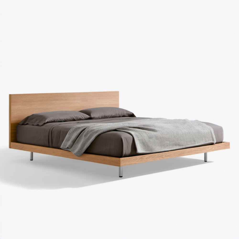 Rama łóżka dwuosobowego 160 × 200 cm z płyty MDF w kolorze naturalnego dębu z zagłówkiem