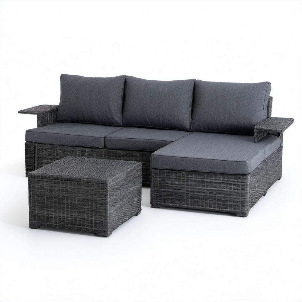 Ogrodowy zestaw wypoczynkowy z technorattanu – sofa narożna ze stolikiem 193 × 136 × 65 cm, grafitowo-ciemnoszary